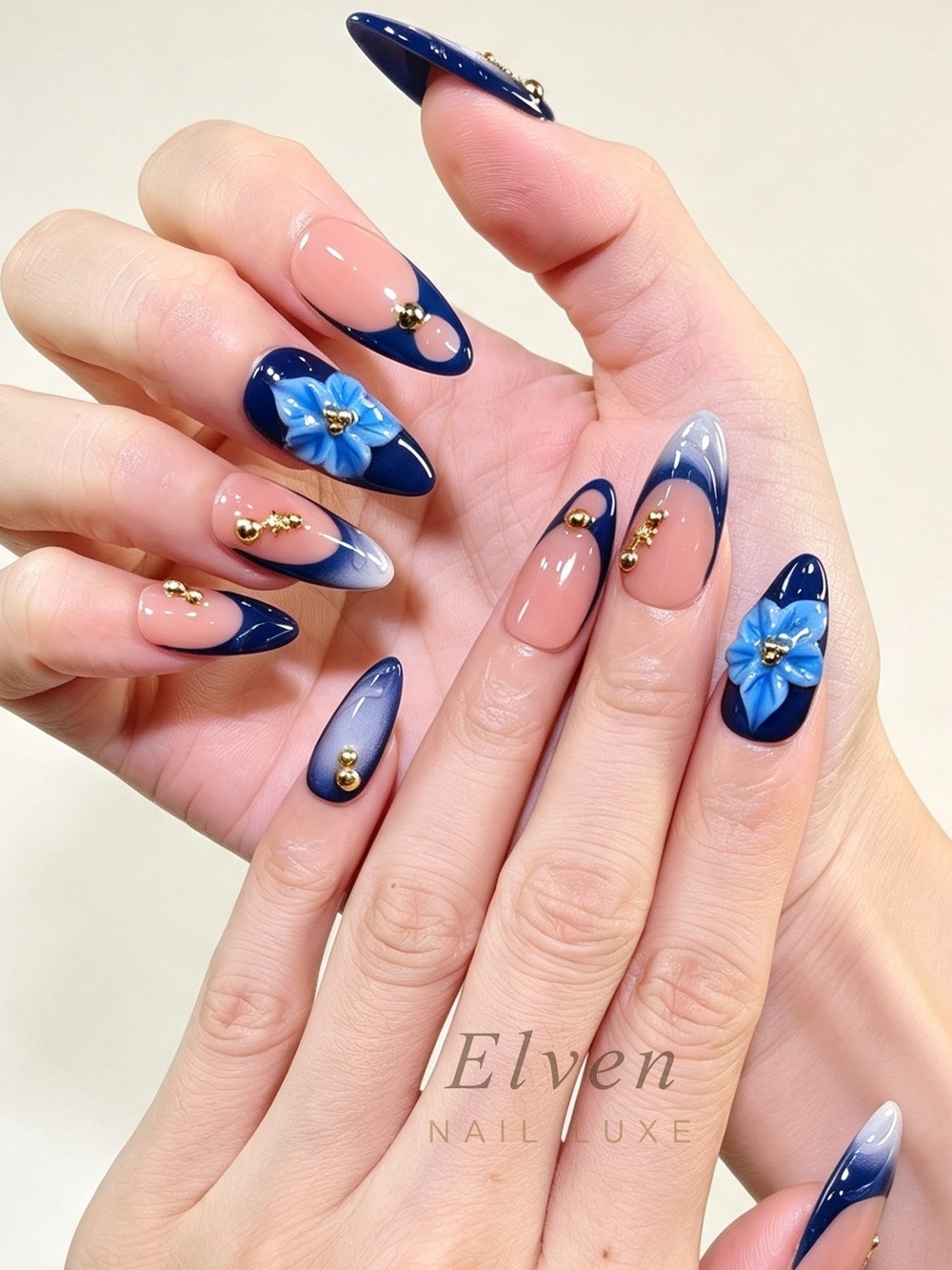 Trendy Navy Blue Gradient Almond Press On Nails With 3D Blue Flower & Gold Beads